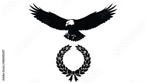 Elegant black eagle with laurel wreath symbolizing victory silhouette vector on whit background