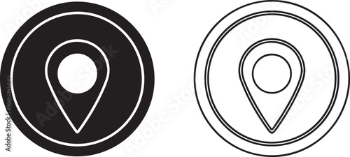 A black silhouette and white line art vector of a circular map pin or GPS location icon. The minimalist design features a classic teardrop pointer centered within a double-bordered ring.