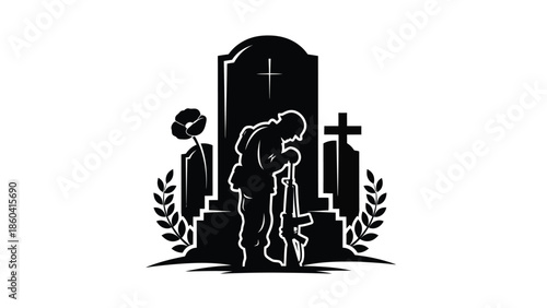 Silhouette of a person praying at cemetery with cross silhouette vector on whit background