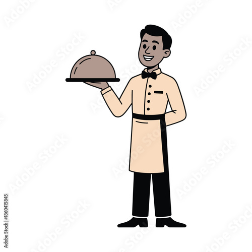Friendly waiter presenting a covered dish with a smile, ready to serve