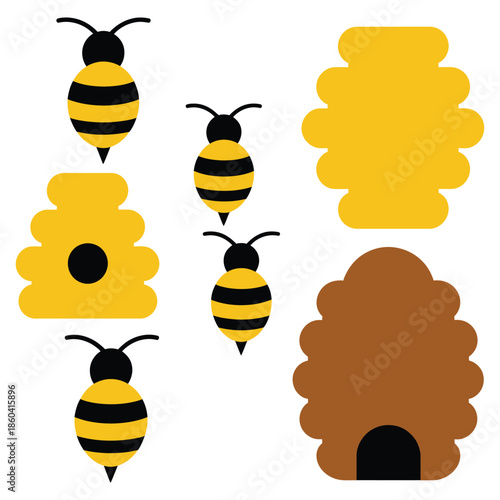 Cute cartoon bees and beehives in bright colors, perfect for children's themes.