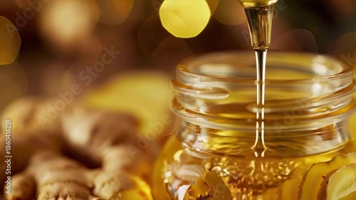 ginger essential oil drop close-up. Selective focus