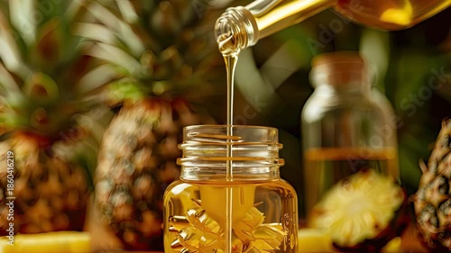 pineapple essential oil drop close-up. Selective focus