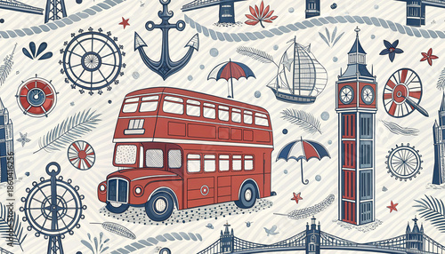 London seamless pattern with double decker bus and Big Ben