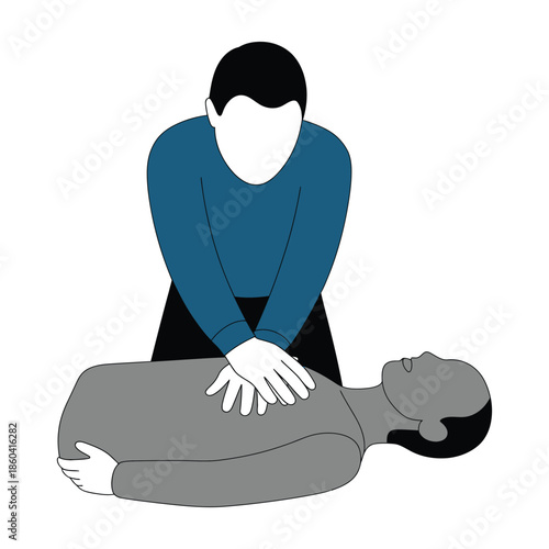 Person performing cardiopulmonary resuscitation on another person, demonstrating life-saving technique.