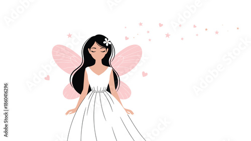 A beautiful and gentle illustration of a fairy with long black hair, pink wings, and a white dress, surrounded by tiny hearts.