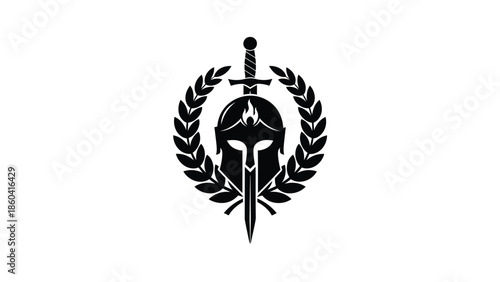 Ancient greek warrior helmet and sword with laurel wreath silhouette vector on whit background