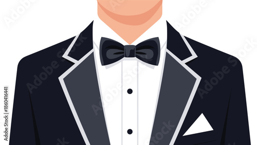 A classic and elegant close-up illustration of a man wearing a formal black tuxedo, white shirt, and a black bow tie.