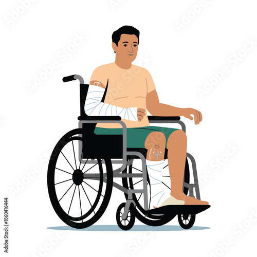 Man with arm and leg casts sitting in a wheelchair, recovering from injury