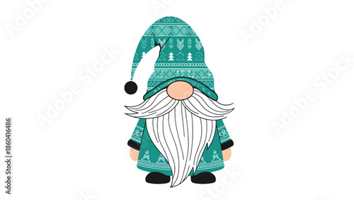 A charming cartoon Christmas gnome with a long white beard wearing a cozy teal and white Nordic patterned hat and matching tunic.