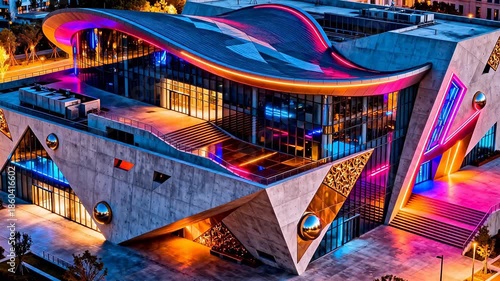 Modern building with colorful neon lights