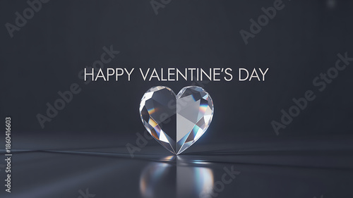 Sparkling diamond heart on dark background with Happy Valentine's Day text