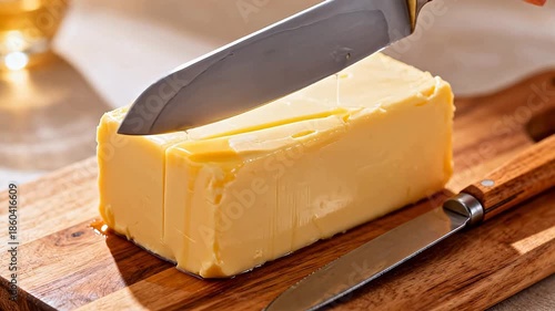 Butter block on wooden cutting board