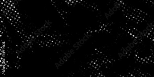 Dark black abstract background with dense halftone dot texture and dynamic grunge motion. Bold, dramatic surface ideal for posters, music artwork, and edgy modern designs.