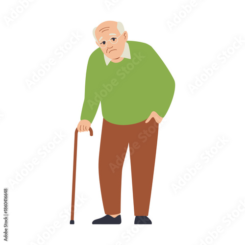 Elderly man with cane looking thoughtful and a bit sad, with hand on hip