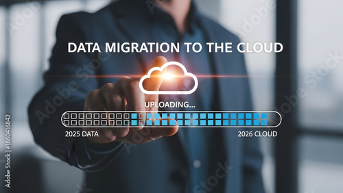Businessman uploading data to cloud storage for secure 2025 migration