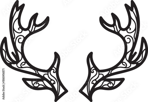 A symmetrical black-and-white vector of deer antlers featuring intricate, swirling internal patterns. The decorative line art creates a modern, artistic take on a classic wilderness trophy.