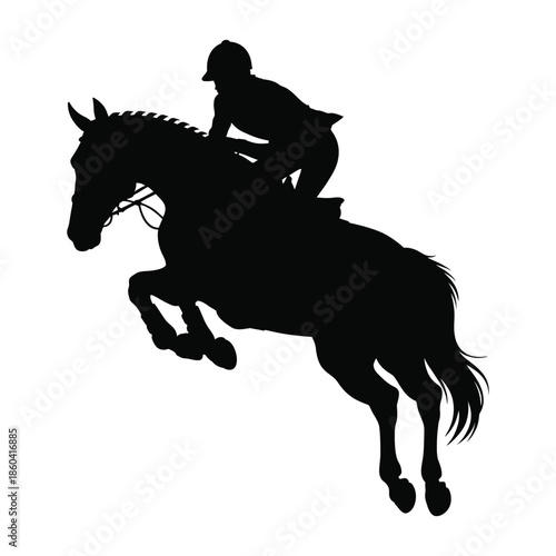 Silhouette of a rider and horse jumping over an obstacle with dynamic motion