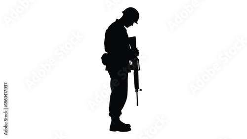 Silhouette of a soldier with gun and gear on white silhouette vector on whit background
