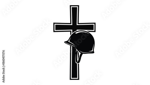 Religious memorial monument with military helmet silhouette vector on whit background