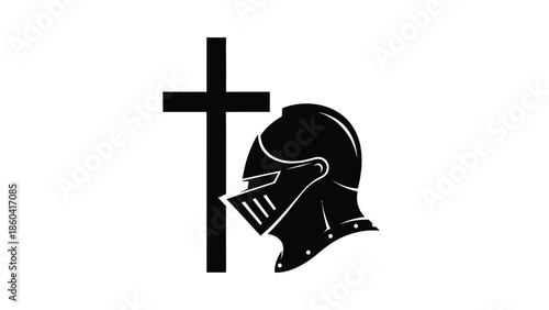 Medieval knight helmet cross religious symbol black silhouette vector on whit background