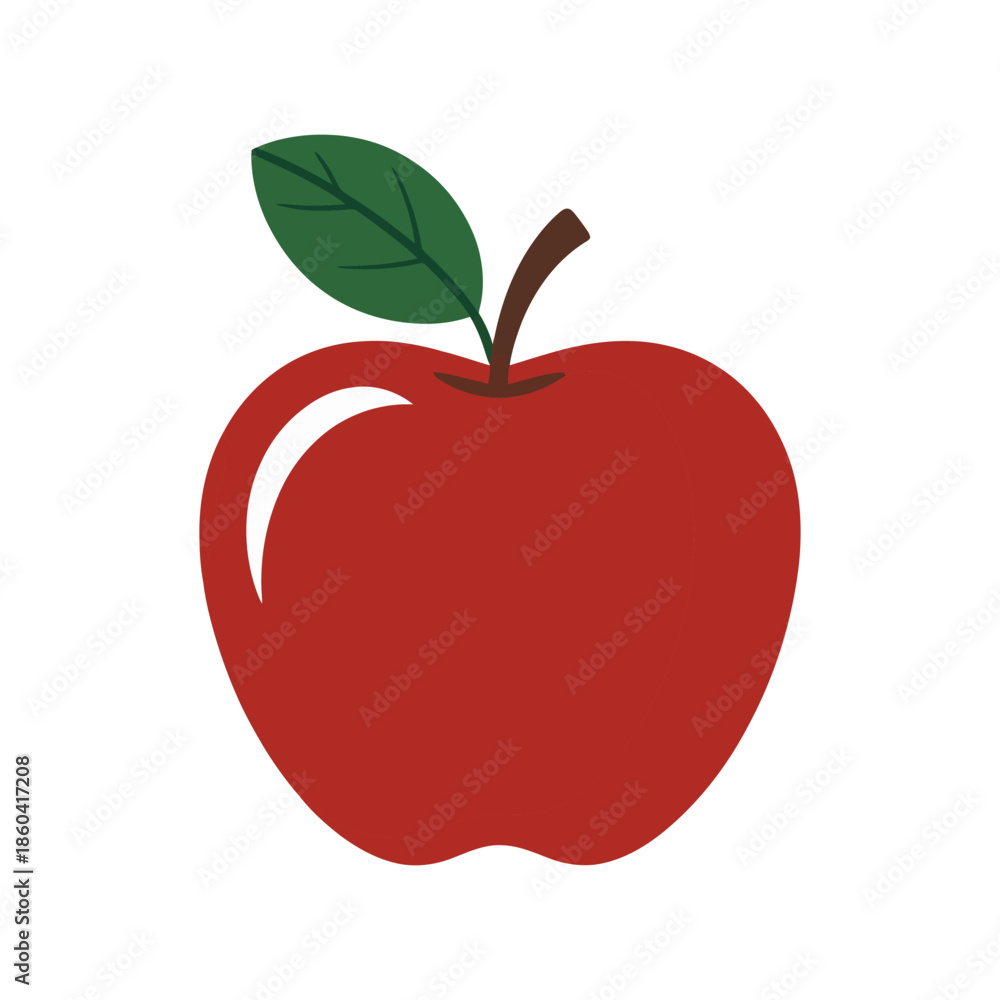Fototapeta premium A single, bright red apple with a green leaf and brown stem rests on a white background.