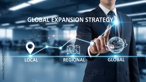 Businessman planning global expansion strategy in modern office