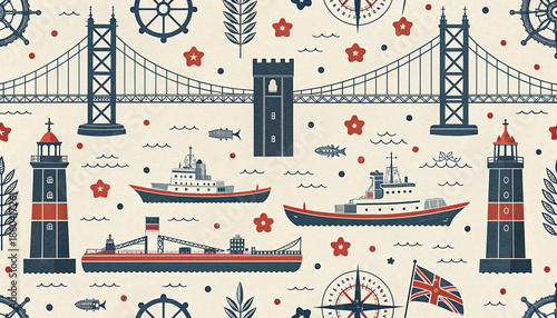 Nautical vintage seamless pattern with bridges lighthouses and ships in flat style
