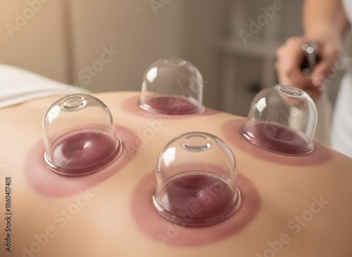 Professional cupping therapy treatment on a client's back with clear plastic cups, an alternative medicine technique for wellness and pain relief.