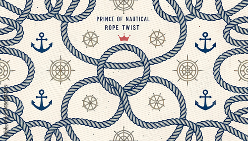 Repeating nautical pattern background with stylized blue rope twist forming decorative interwoven loops and knot design