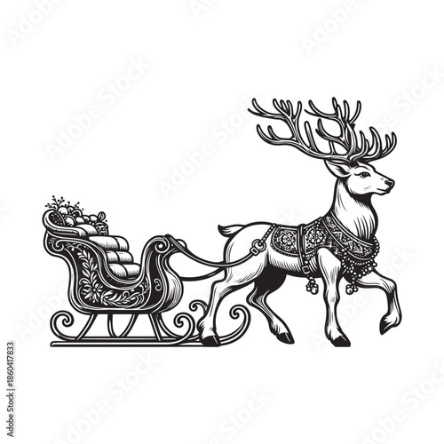 Reindeer pulling a sleigh in a black and white illustration