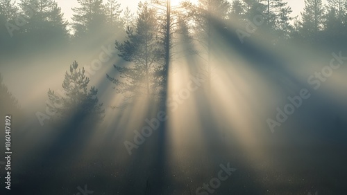 Ephemeral beams of sunlight penetrate dense fog amidst tall trees creating ethereal beauty