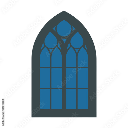 An arched gothic window with dark blue glass panes is depicted.