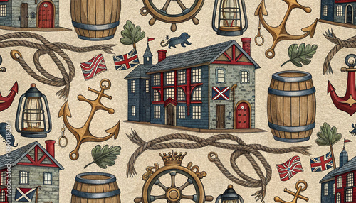 Rustic hand drawn seamless pattern featuring old maritime architecture barrels ropes anchors and vintage navigation wheels