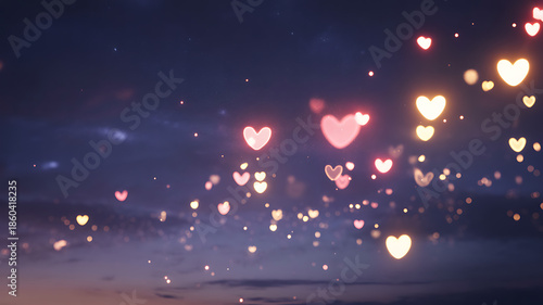Glowing hearts floating in a magical night sky with soft focus