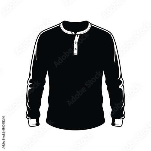 A long-sleeved black henley shirt with white buttons rests on a white background.
