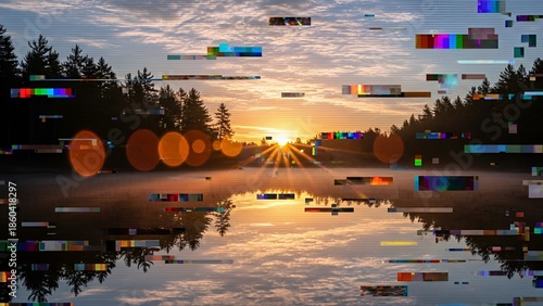 Glitchy sunrise reflection on tranquil lake, creating a surreal and distorted landscape scene