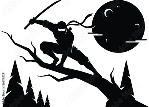 Stealth Ninja Silhouette Vector Illustration on White Background