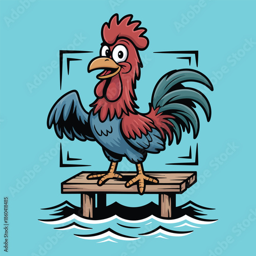 Cheerful Rooster Mascot on Dock Over Water – Cute Cartoon Chicken Art