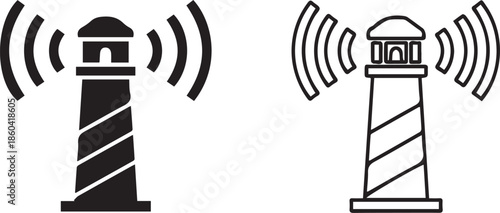 A black silhouette and a white line art vector of a lighthouse emitting signal waves. This minimalist design represents navigation, guidance, and maritime communication.