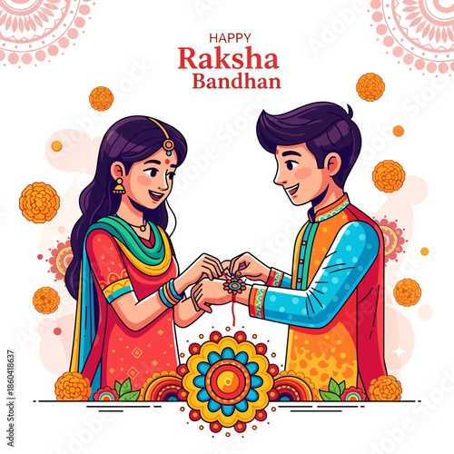 Happy Raksha Bandhan illustration of a sister tying a rakhi on her brother's wrist celebrating Indian festival of sibling love