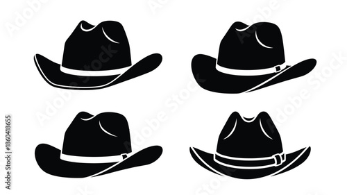 Four cowboy hats displayed in a simple striking black silhouette