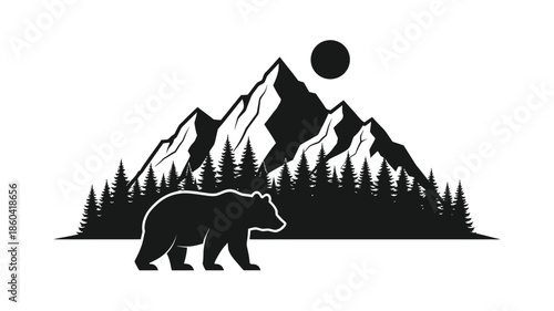 Mountain landscape with a bear walking among trees striking silhouette