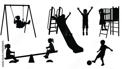 Children enjoying a playground with swings slides and seesaws silhouette