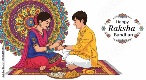 Happy Raksha Bandhan celebration illustration, sister tying Rakhi on brother's wrist with sweets and mandala background