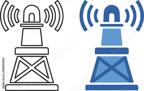 A technical vector illustration featuring two radio tower icons. One is a clean black outline, and the other is a solid blue flat design, both emitting signal waves from the top.