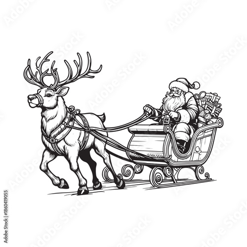 Santa Claus riding a sleigh pulled by reindeer on Christmas Eve