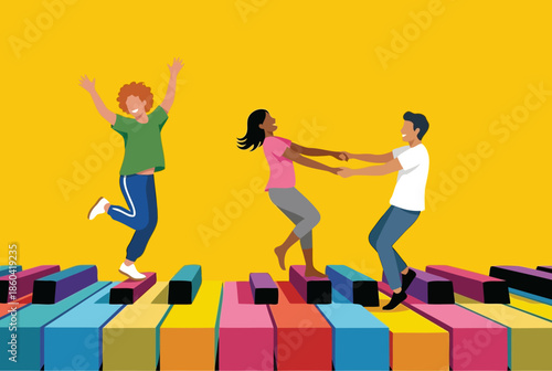 Energetic and Happy People Dancing Together on Colorful Piano Keys