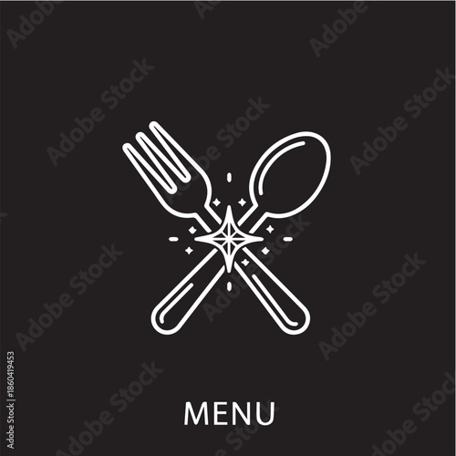 A minimalist white line art icon on a black background featuring a crossed fork and spoon with a central sparkle. The word "MENU" is written in clean, uppercase text below the graphic.