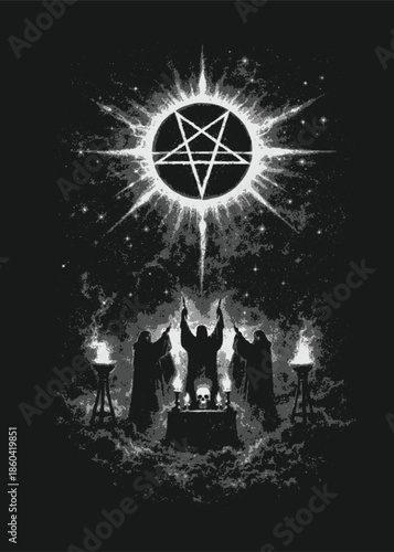 Dark ritual ceremony with glowing pentagram and hooded figures, occult black and white fantasy illustration with mystical atmosphere